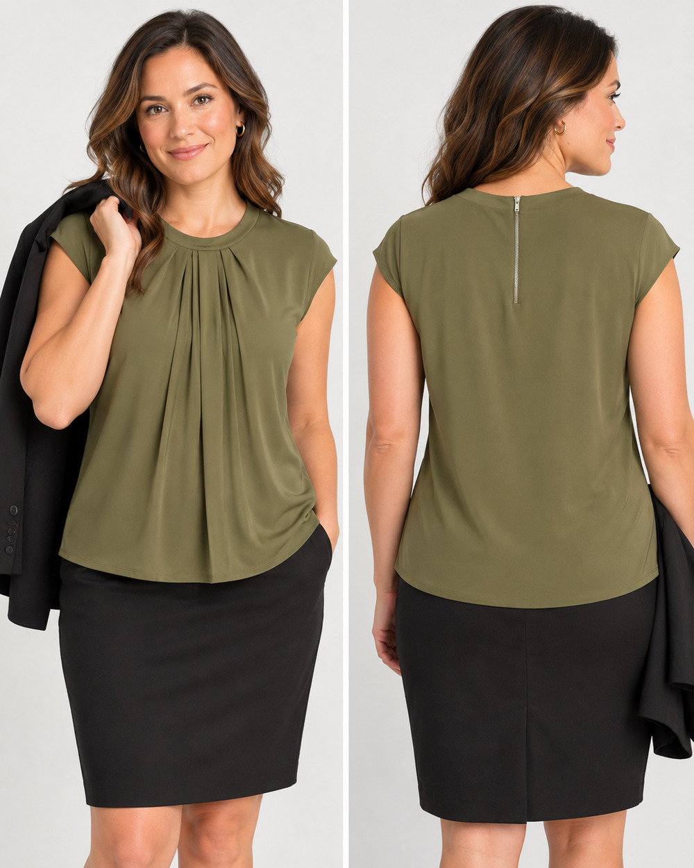 Liz Claiborne Career Women L Olive Green Pleated High Neck Blouse Zip Back